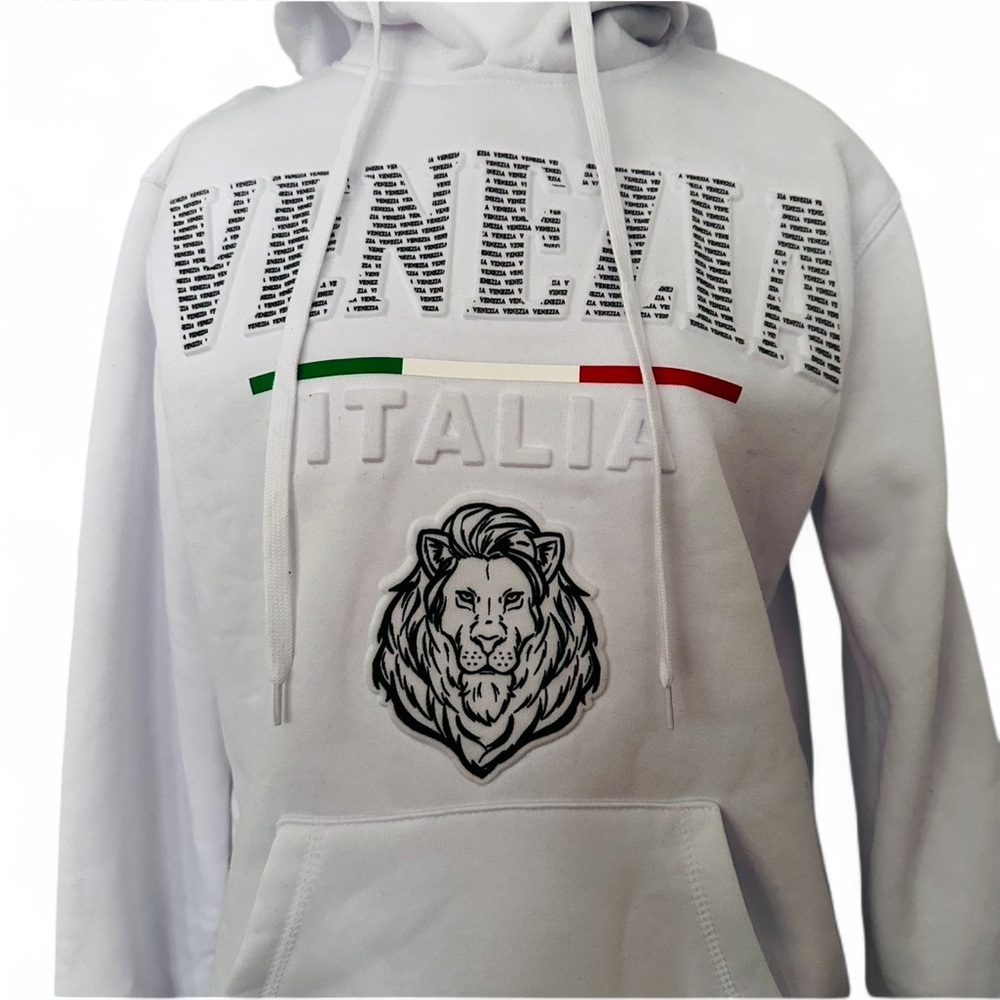 Venice White Pullover Hoodie with Lion & Italian Stripe